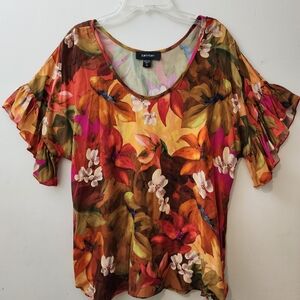 Karen Kane M Ladies Top Vibrant Floral Ruffled Short Sleeves Vacation Cruise ...